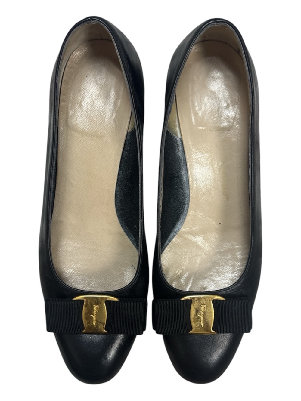Salvatore Ferragamo Black Leather Vara Bow Flats with Gold Plaque